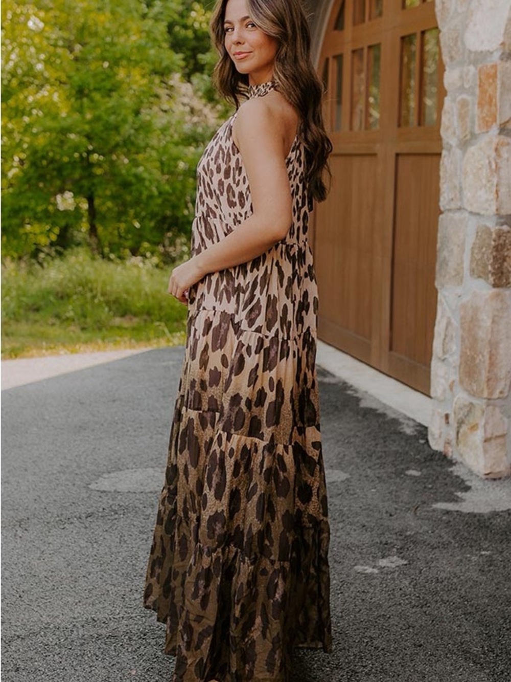 NWT Impressions Leopard Halter Tiered Maxi Dress - Brown - Picture 6 of 8